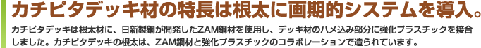 カチピタデッキ材の特長は根太に画期的システムを導入、カチピタデッキは根太材に、日新製鋼が開発したZAM鋼材を使用し、デッキ材のハメ込み部分に強化プラスチックを接合しました。カチピタデッキの根太は、ZAM鋼材と強化プラスチックのコラボレーションで造られています